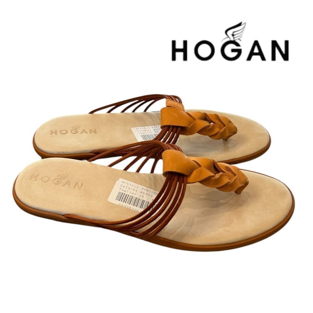 HOGAN Women's Ibiza Flip Flop Plait and Tubes Orange Leather Slide Sandals 39